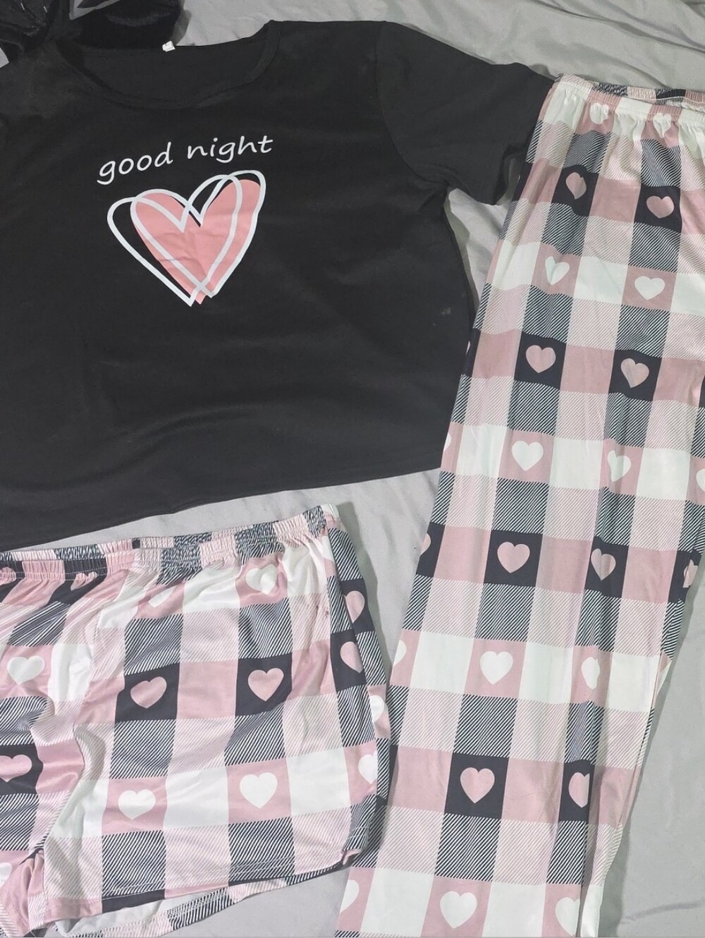 Black 'Good Night' Sleep Top with Pink Heart Pajama Set